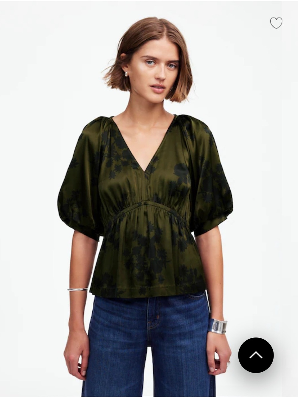 Madewell Shirred Puff-Sleeve Top in Satin Mossy Umber - Picture 3 of 10